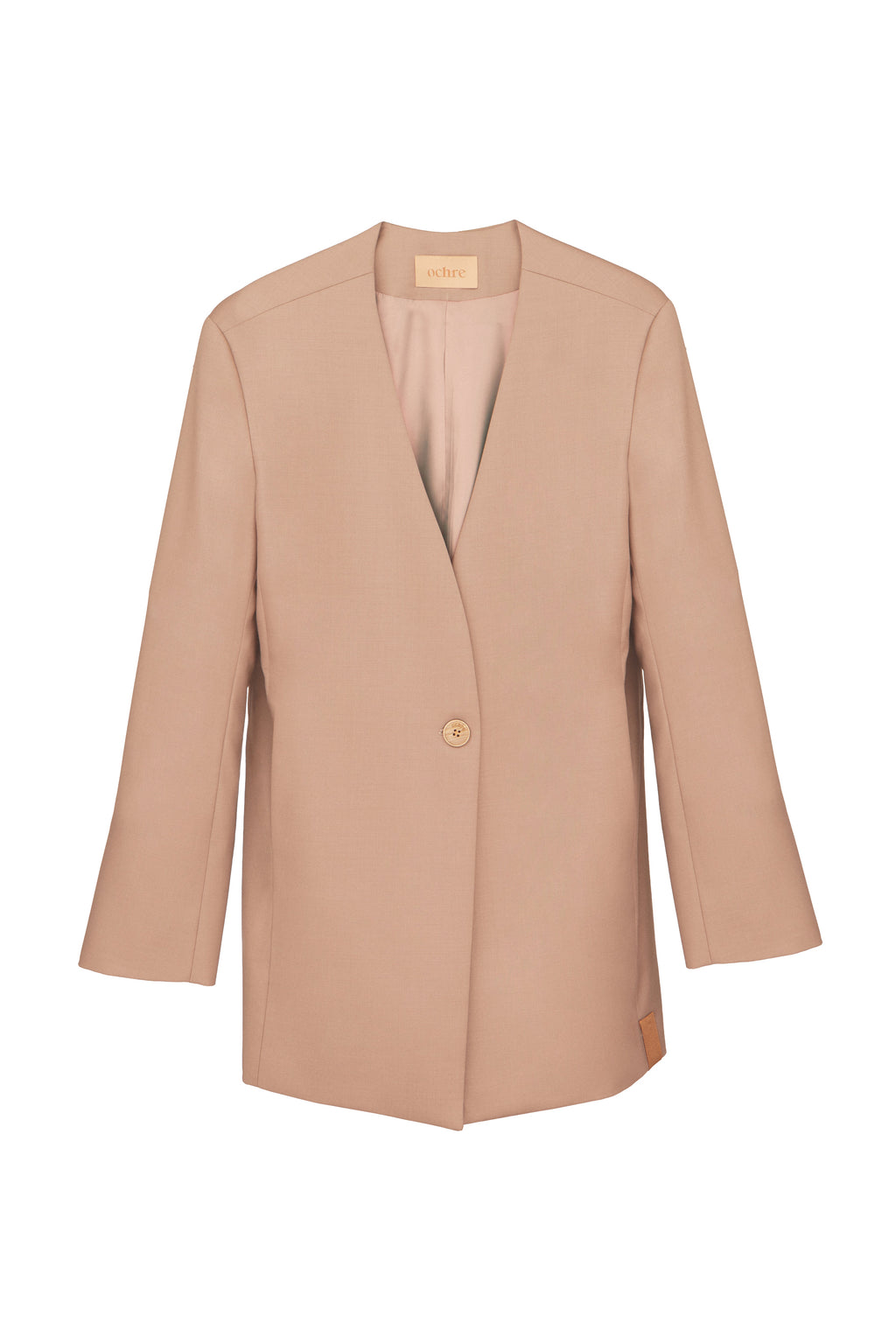 Pure Line Blazer Warm Taupe - vista frontal en campaña, blazer neutro cálido Ochre